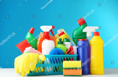 stock-photo-bottles-with-detergent-and-cleaning-tools-on-blue-background-1186275358